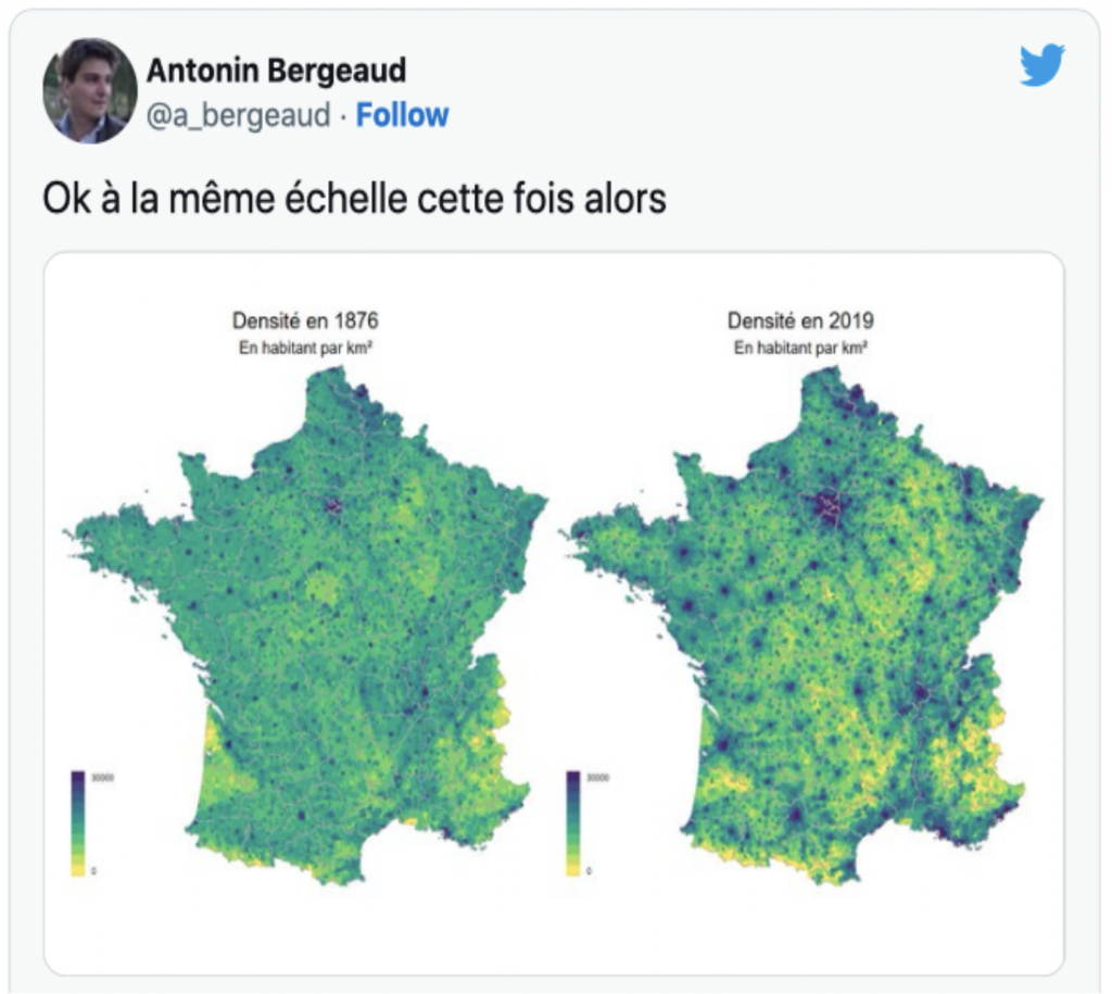 フランスの人口密度を比較した図（1876年と2019年）［X Antonin Bergeaud氏の投稿を引用］
