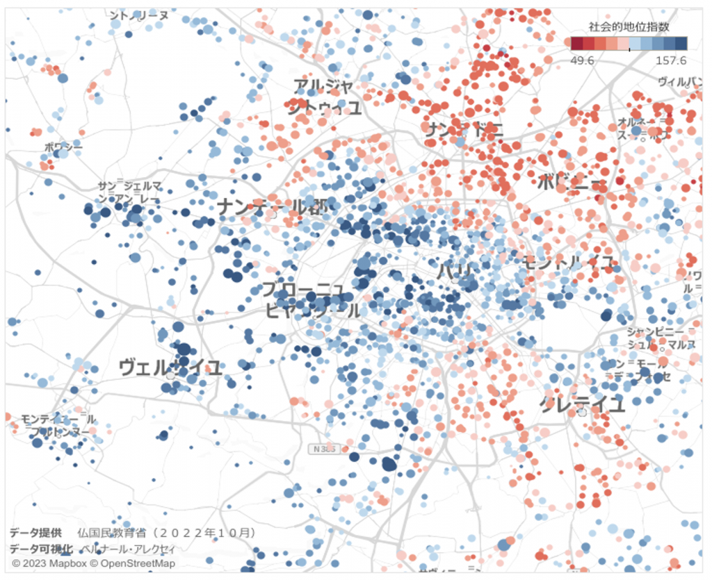 パリ近郊の社会的地位指数を表した図