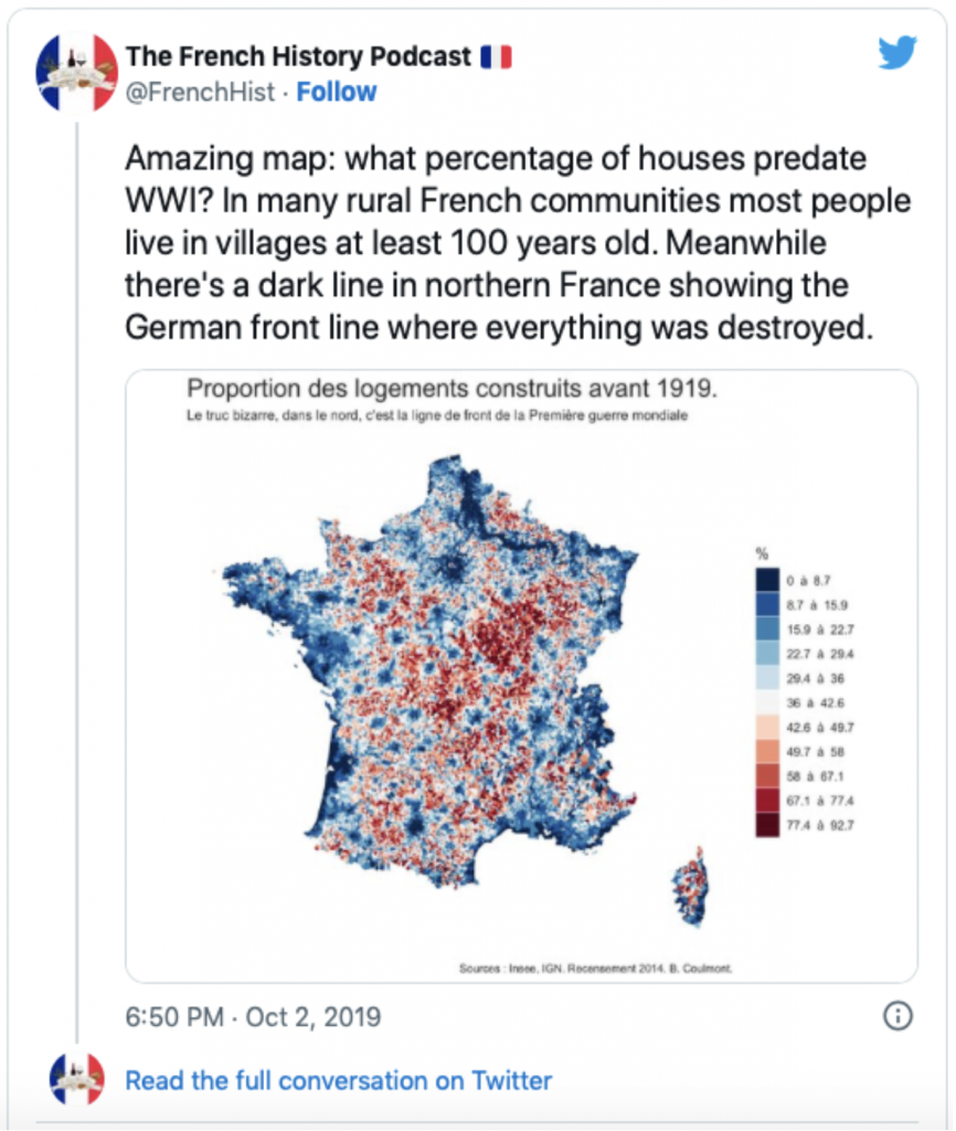 現存する1919年以前に建てられた建造物の割合を示した図［X The French History Podcast氏の投稿を引用］